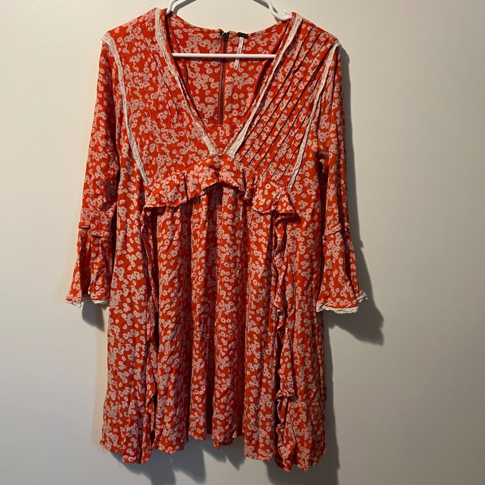 Free People Orange Floral Pleated Lace Trim Babydoll Mini Dress Womens Medium